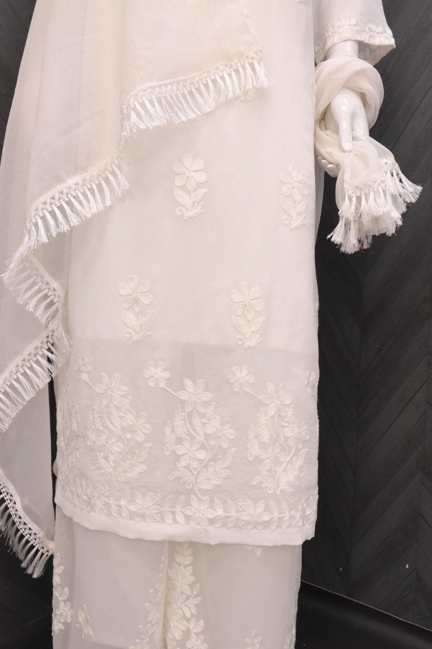 White Women Maslin top with cotton thread embroidered work stitched Kurta with Palazzo & Dupatta Set