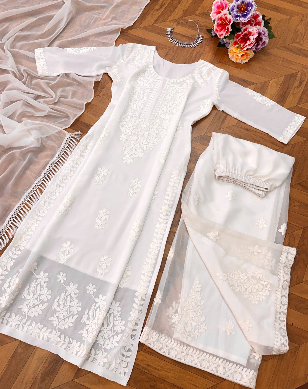White Women Maslin top with cotton thread embroidered work stitched Kurta with Palazzo & Dupatta Set