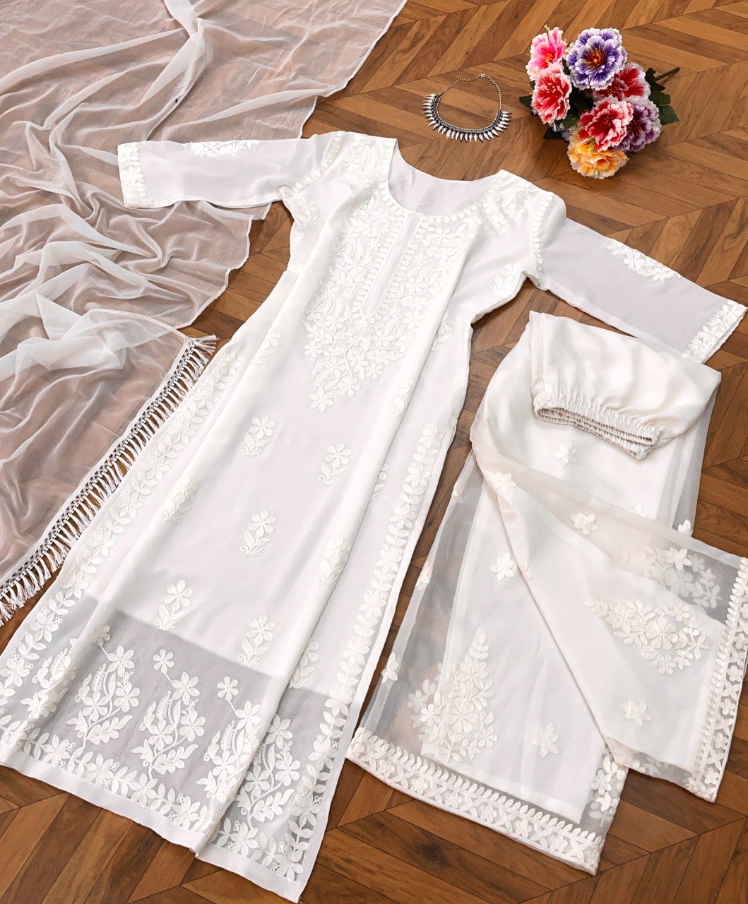 White Women Maslin top with cotton thread embroidered work stitched Kurta with Palazzo & Dupatta Set