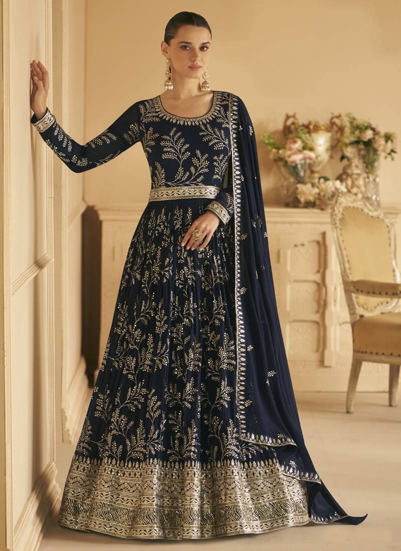 Blue Faux Georgette Full Sleeve Anarkali Gown with Dupatta, Embroidered Indian Dress for Weddings