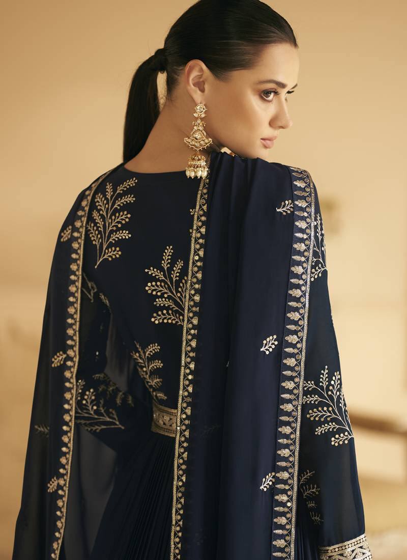 Blue Faux Georgette Full Sleeve Anarkali Gown with Dupatta, Embroidered Indian Dress for Weddings