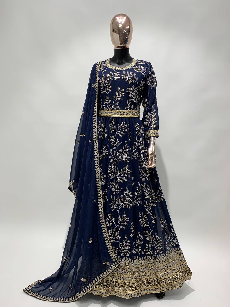Blue Faux Georgette Full Sleeve Anarkali Gown with Dupatta, Embroidered Indian Dress for Weddings