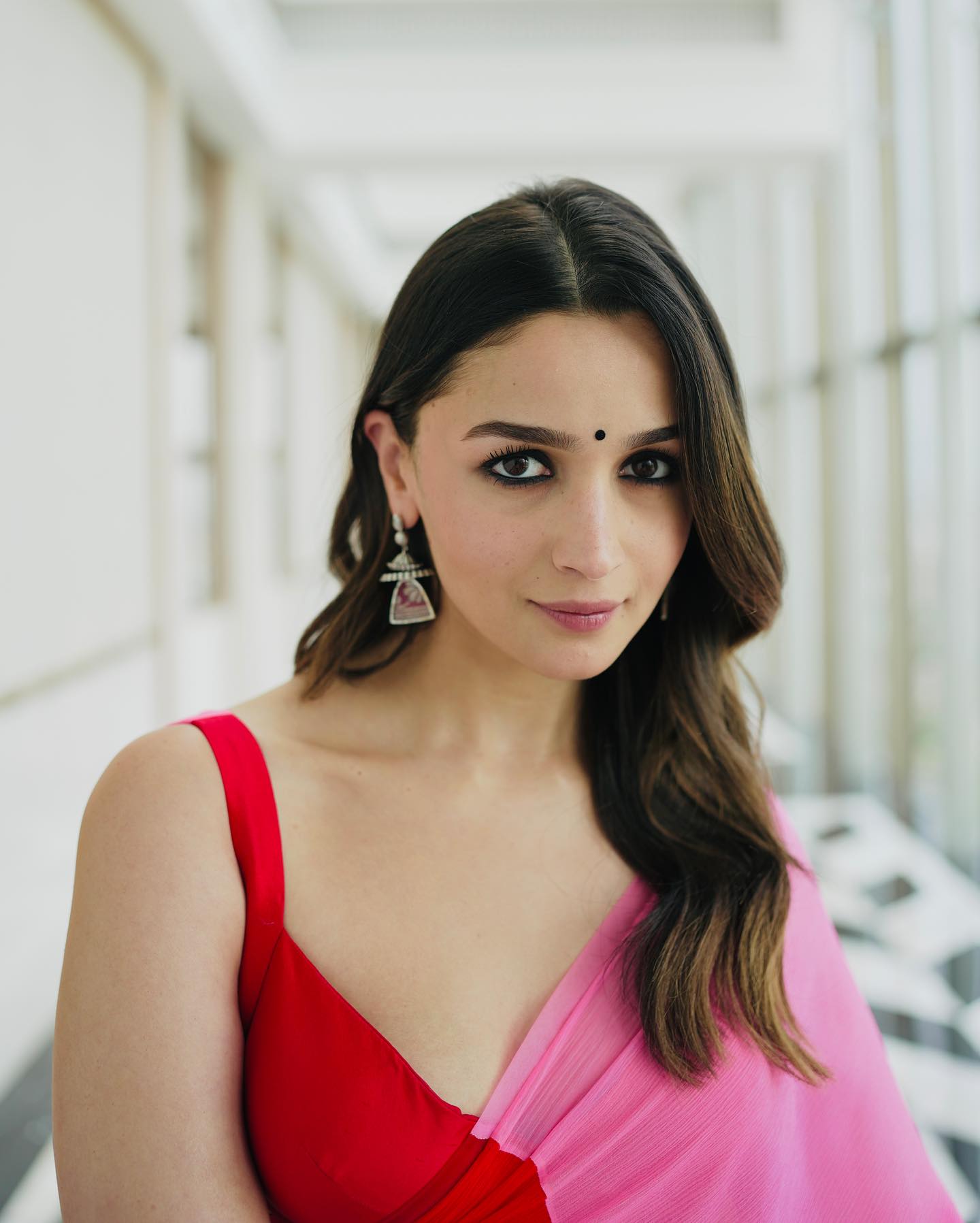 Red&Pink Designer Faux Georgette Digital Printed Alia Bhatt Saree for Women Bollywood Saree with Tafeta Silk Blouse