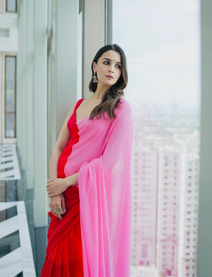 Red&Pink Designer Faux Georgette Digital Printed Alia Bhatt Saree for Women Bollywood Saree with Tafeta Silk Blouse