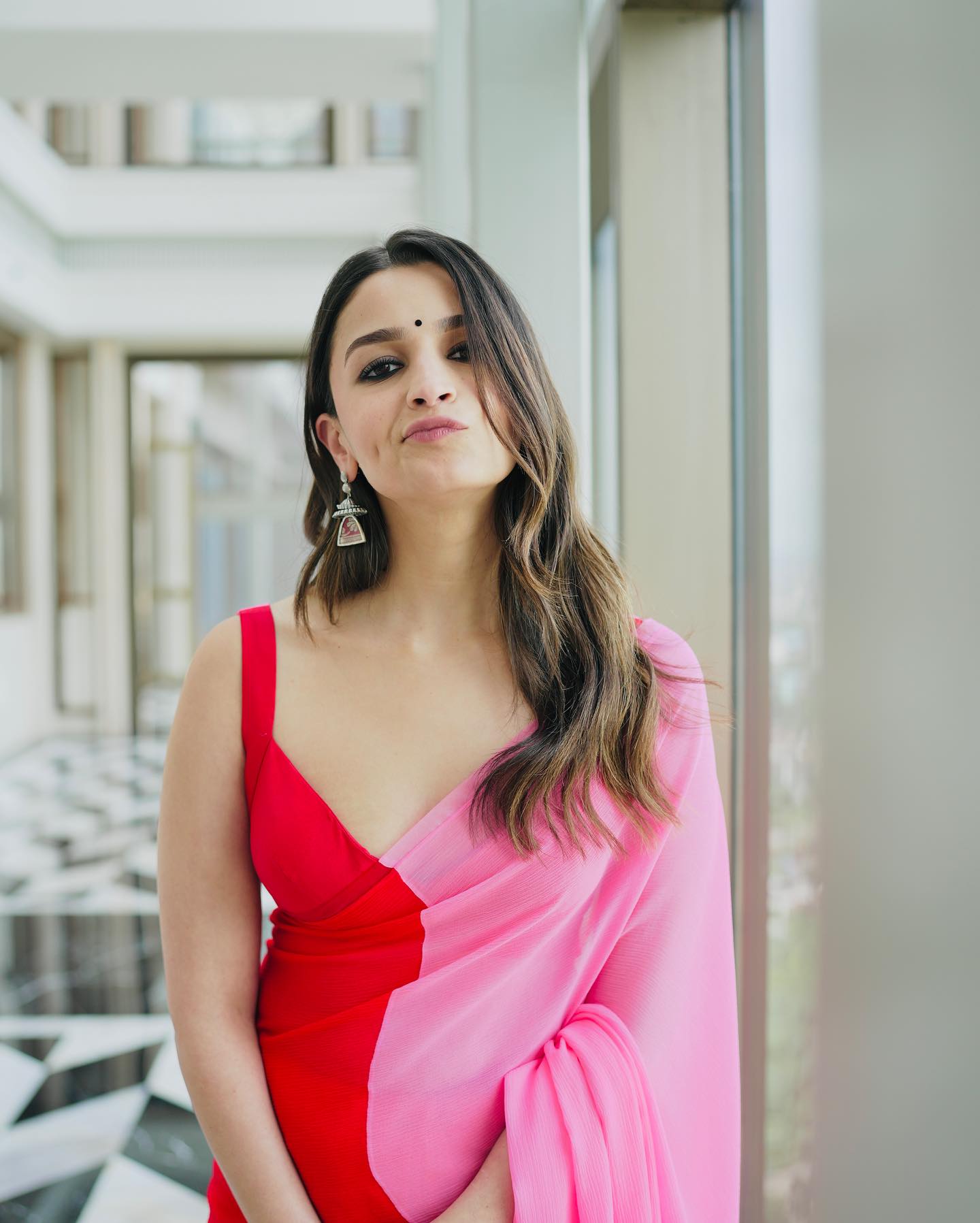 Red&Pink Designer Faux Georgette Digital Printed Alia Bhatt Saree for Women Bollywood Saree with Tafeta Silk Blouse