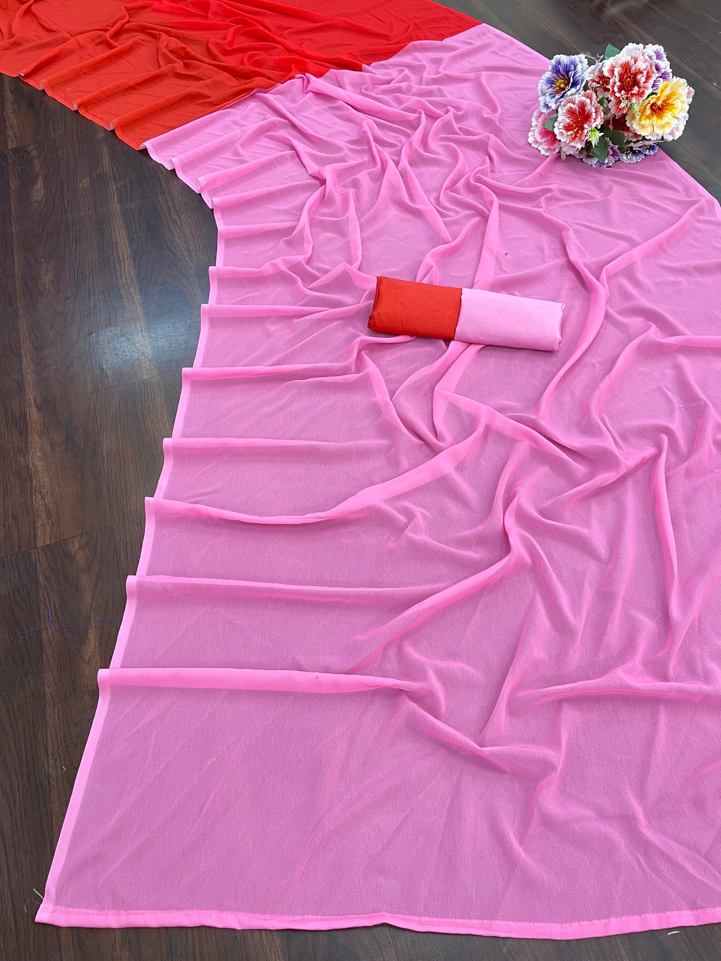 Red&Pink Designer Faux Georgette Digital Printed Alia Bhatt Saree for Women Bollywood Saree with Tafeta Silk Blouse