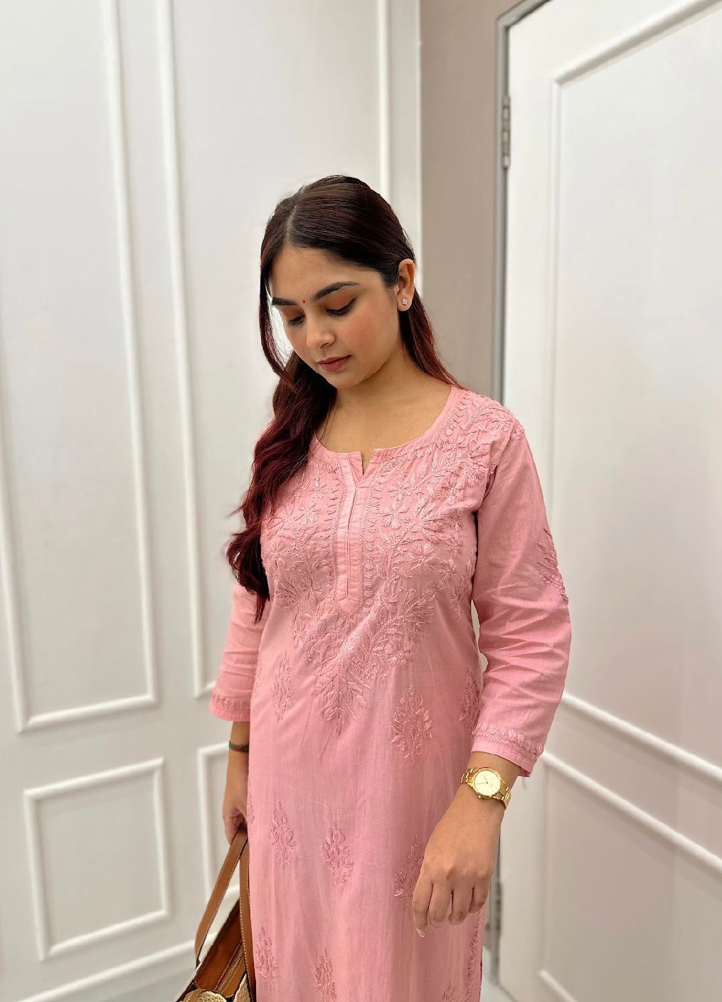 Pink Hand Embroidered New Lucknowi Chikankari Chanderi Kurta Set for Women