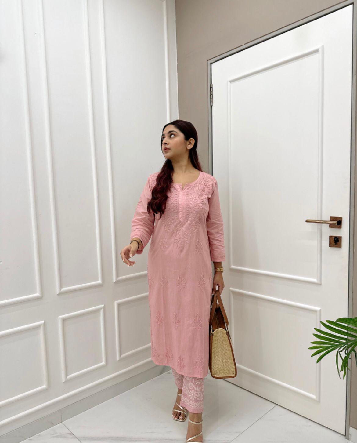 Pink Hand Embroidered New Lucknowi Chikankari Chanderi Kurta Set for Women
