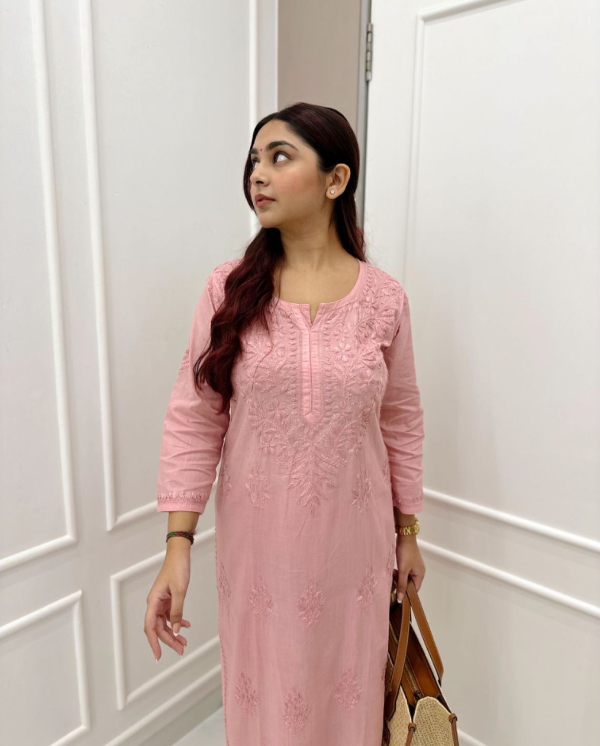 Pink Hand Embroidered New Lucknowi Chikankari Chanderi Kurta Set for Women