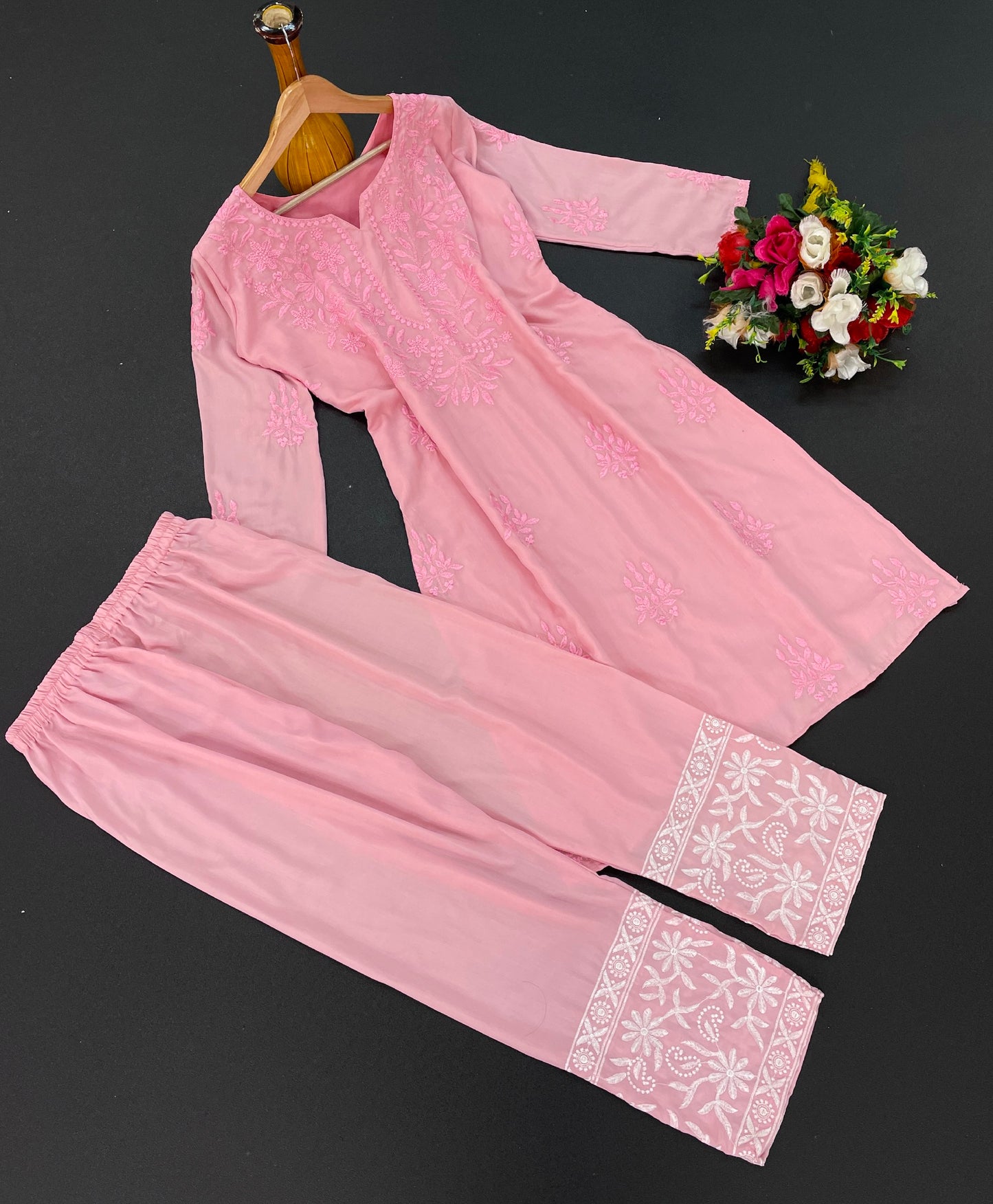 Pink Hand Embroidered New Lucknowi Chikankari Chanderi Kurta Set for Women