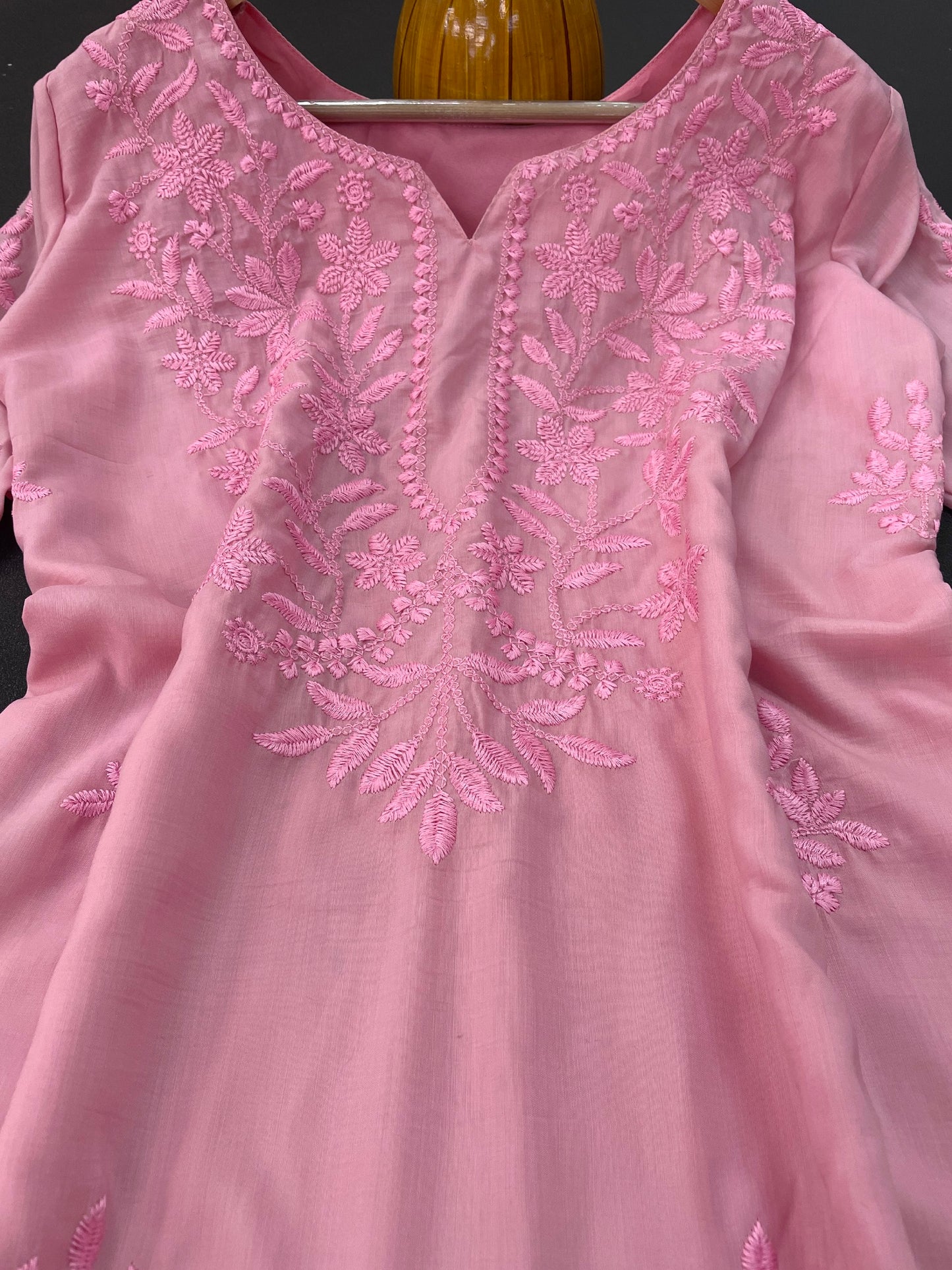 Pink Hand Embroidered New Lucknowi Chikankari Chanderi Kurta Set for Women
