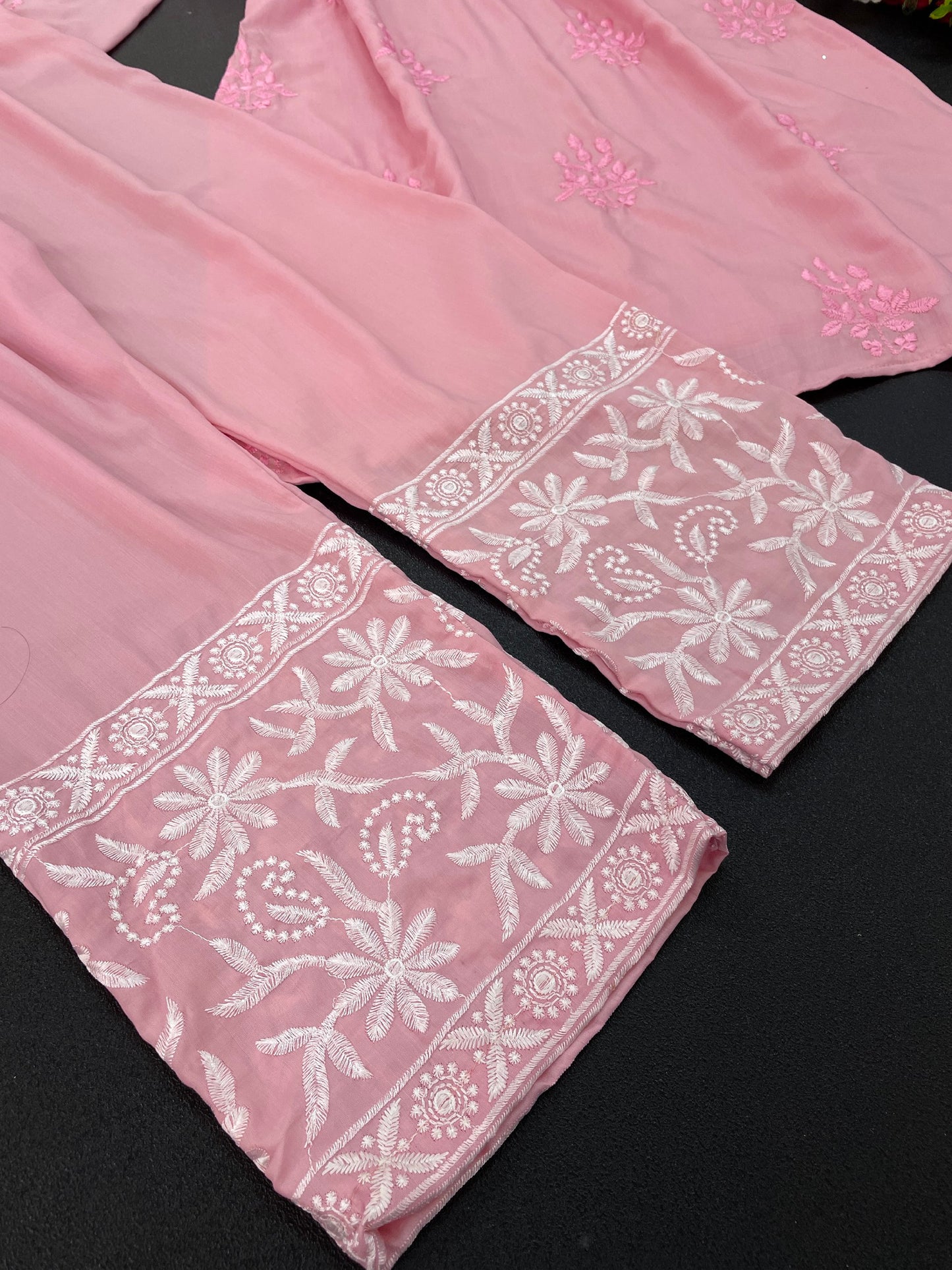 Pink Hand Embroidered New Lucknowi Chikankari Chanderi Kurta Set for Women