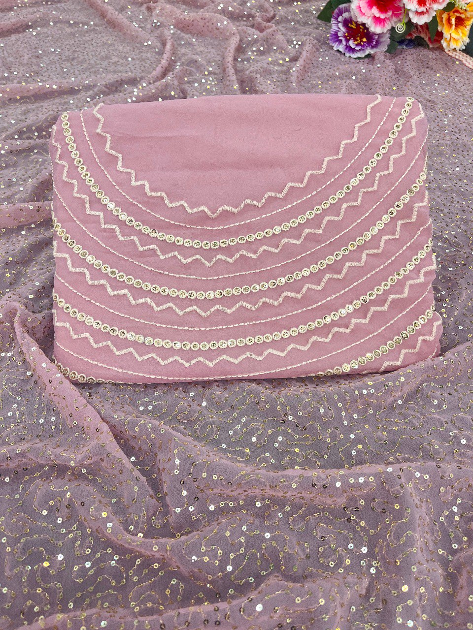 BABY PINK PRESENTING FAUX GEORGETTE DESIGNER SAREE WITH FANCY THREAD AND SEQUENCE WORK