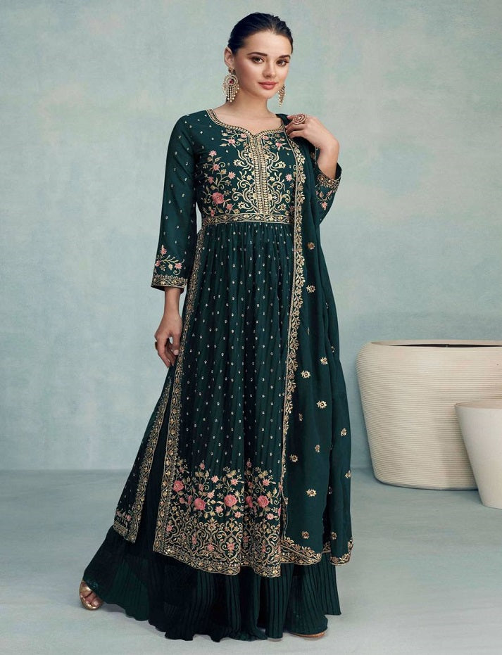 Women's Rama Faux Georgette Stitched Top with Bottom and Dupatta Full Sleeve Embroidered Straight Kurta