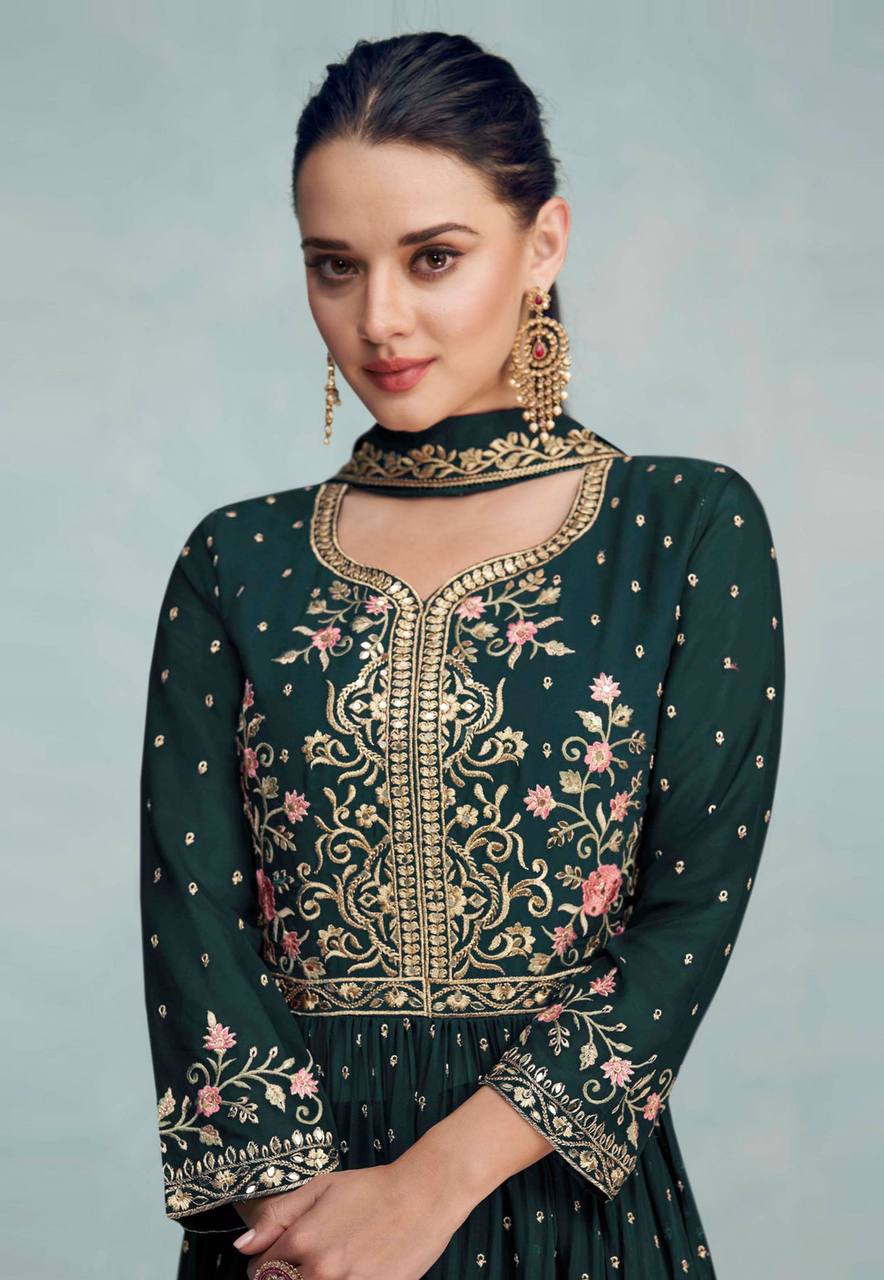 Women's Rama Faux Georgette Stitched Top with Bottom and Dupatta Full Sleeve Embroidered Straight Kurta