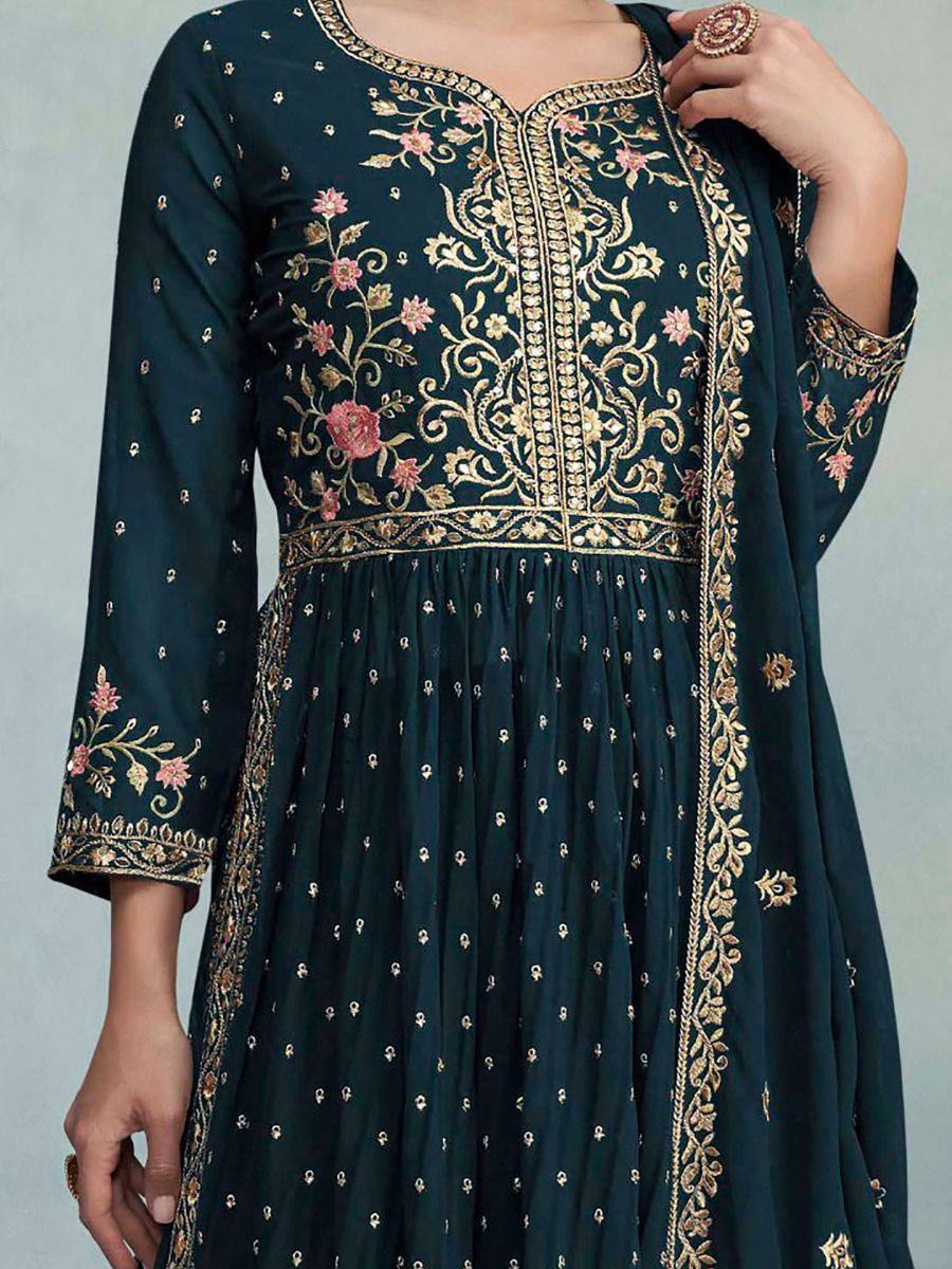 Women's Rama Faux Georgette Stitched Top with Bottom and Dupatta Full Sleeve Embroidered Straight Kurta