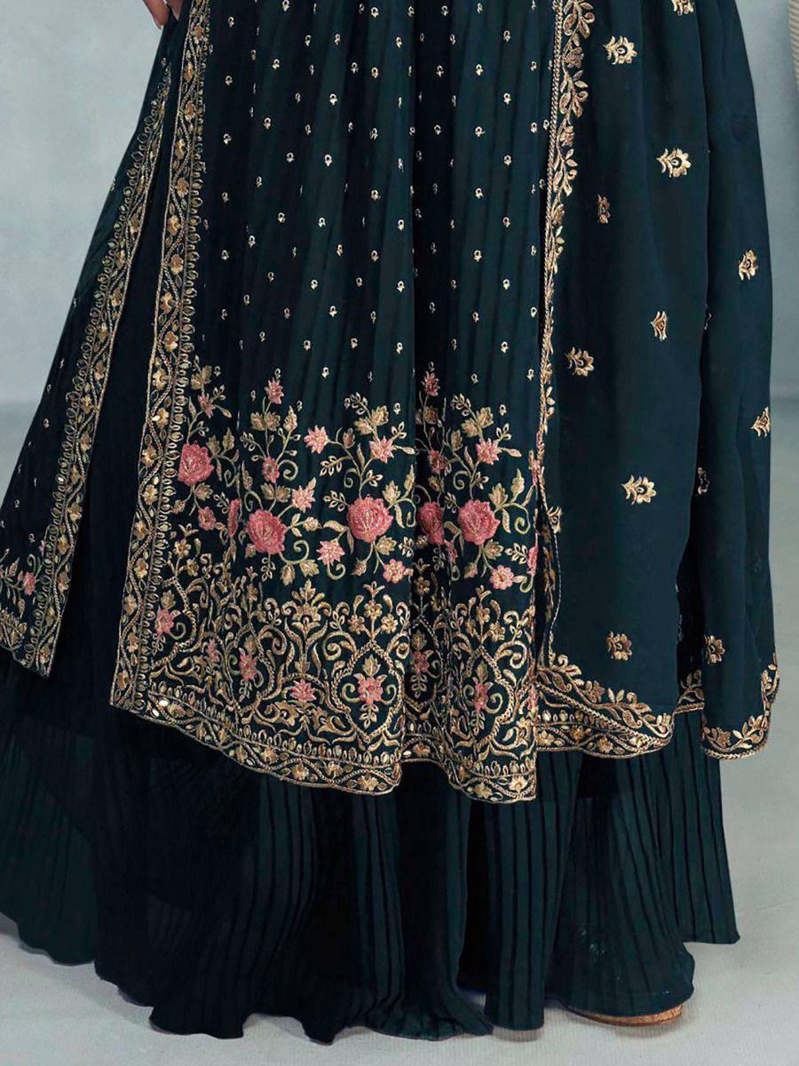 Women's Rama Faux Georgette Stitched Top with Bottom and Dupatta Full Sleeve Embroidered Straight Kurta