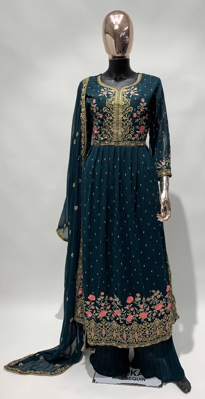 Women's Rama Faux Georgette Stitched Top with Bottom and Dupatta Full Sleeve Embroidered Straight Kurta