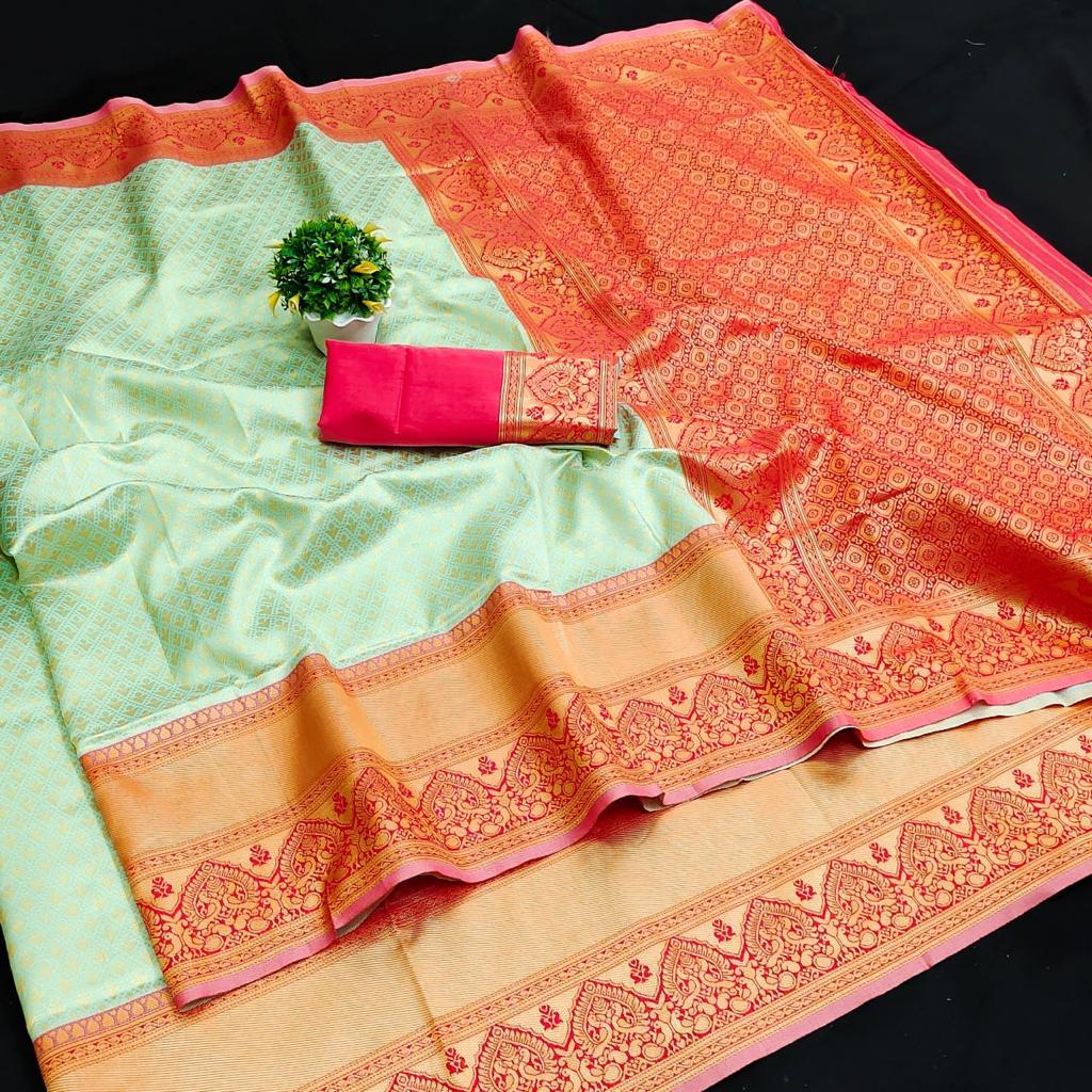 Pista_Orange Women Kanjivaram Zari Woven Banarasi Silk Saree with Unstitched Contrast Blouse Piece