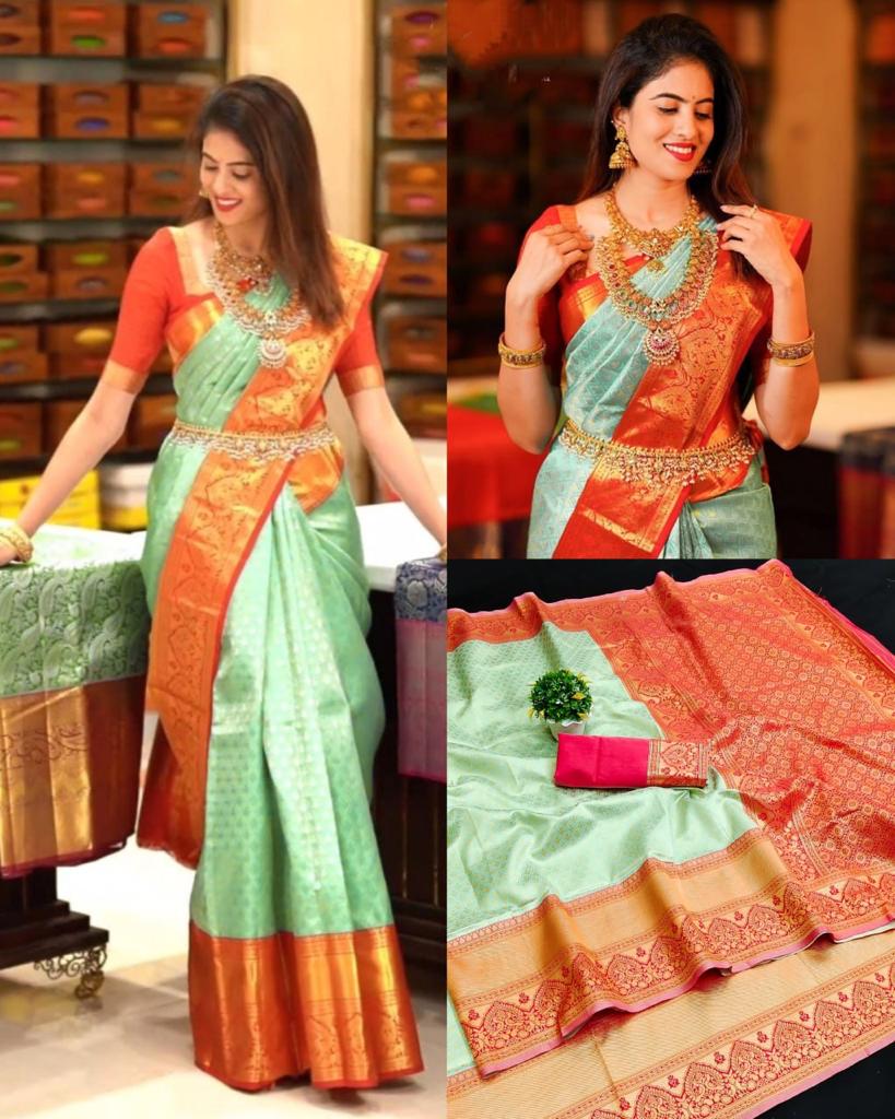 Pista_Orange Women Kanjivaram Zari Woven Banarasi Silk Saree with Unstitched Contrast Blouse Piece