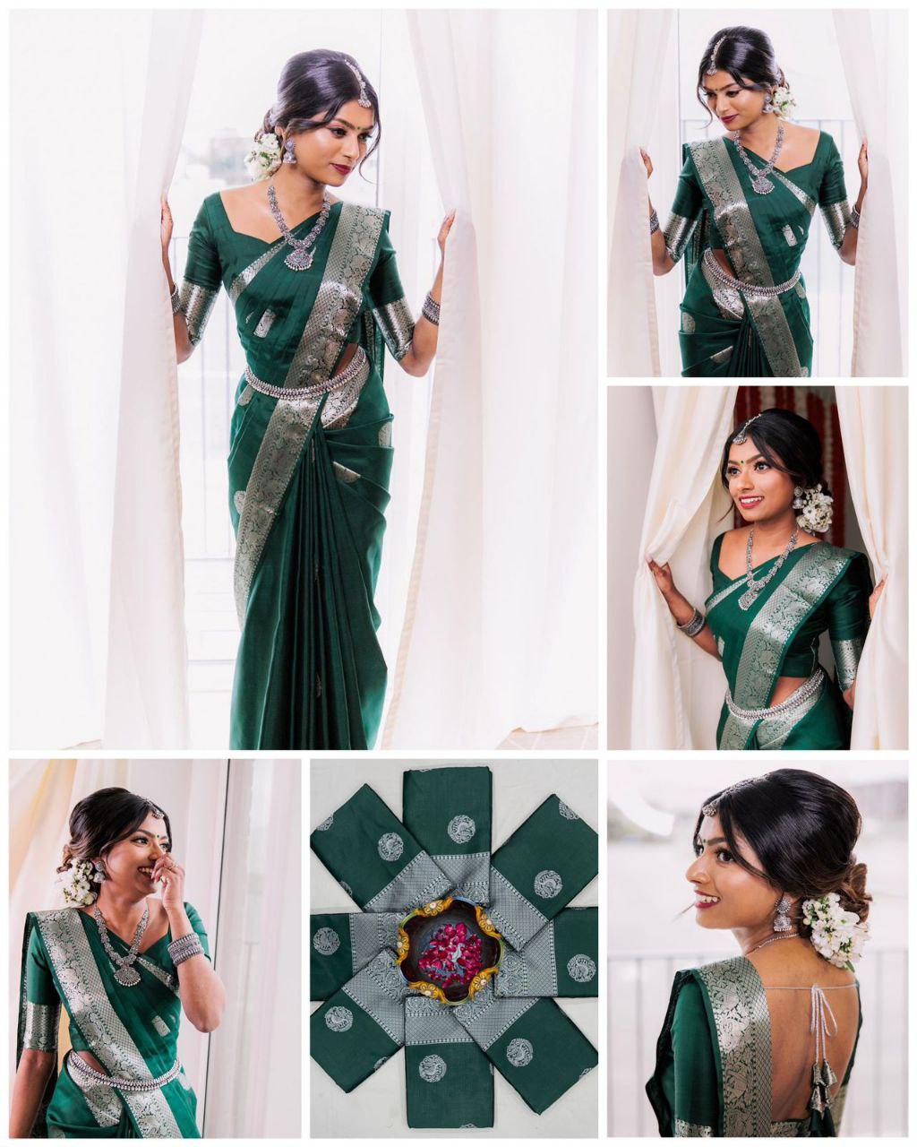 Sizzling Dark Green Soft Banarasi Silk Saree With Shining Silver Border And Beautiful Blouse Piece