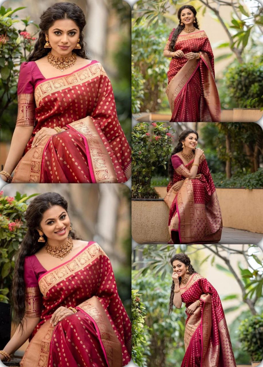 Beautiful Red Women Kanjeevaram Woven Banarasi Silk Saree with Contrast Border