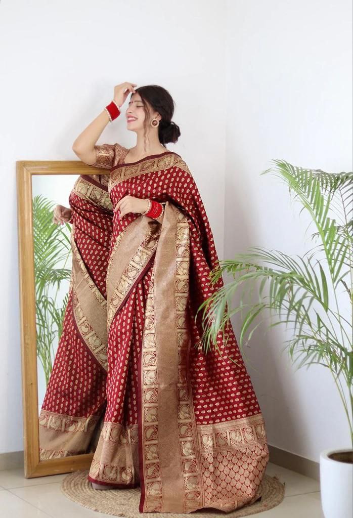 Beautiful Red Women Kanjeevaram Woven Banarasi Silk Saree with Contrast Border