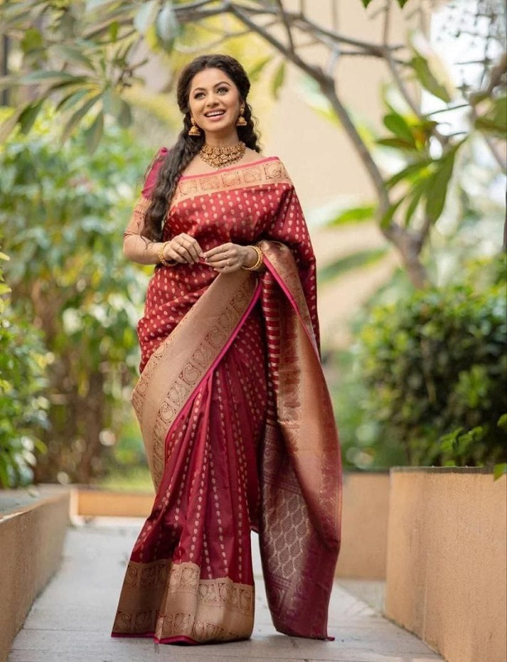 Beautiful Red Women Kanjeevaram Woven Banarasi Silk Saree with Contrast Border