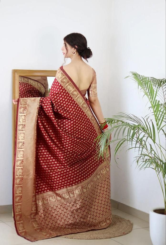Beautiful Red Women Kanjeevaram Woven Banarasi Silk Saree with Contrast Border