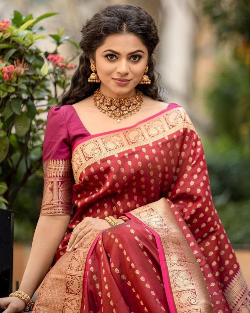 Beautiful Red Women Kanjeevaram Woven Banarasi Silk Saree with Contrast Border