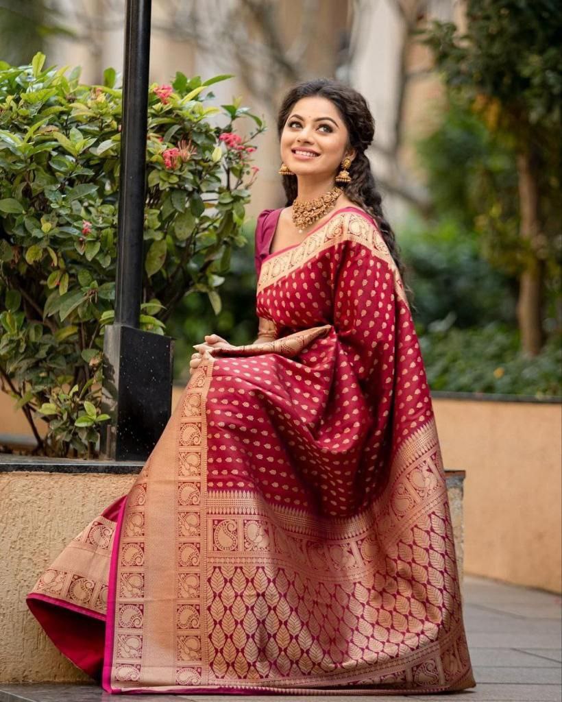 Beautiful Red Women Kanjeevaram Woven Banarasi Silk Saree with Contrast Border