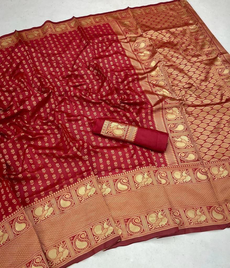 Beautiful Red Women Kanjeevaram Woven Banarasi Silk Saree with Contrast Border