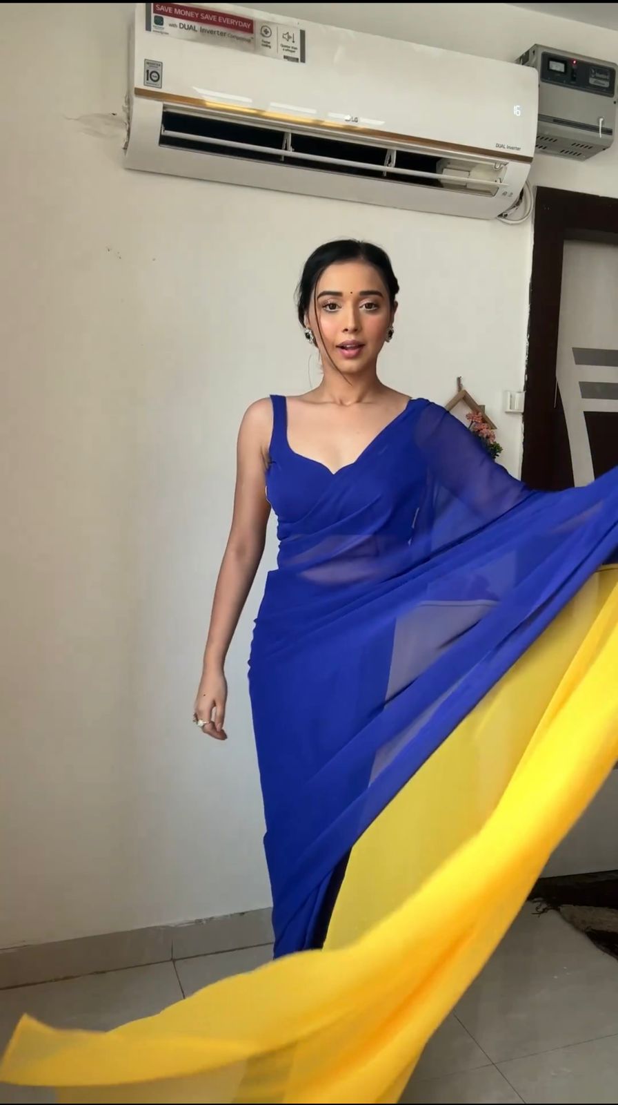 Blue and yellow georgette ready to wear alia bhatt bollywood saree
