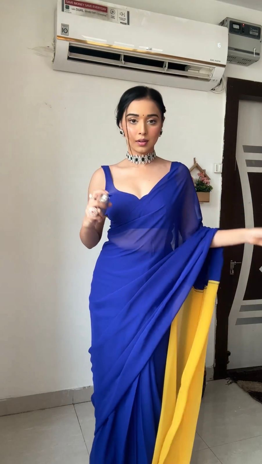 Blue and yellow georgette ready to wear alia bhatt bollywood saree