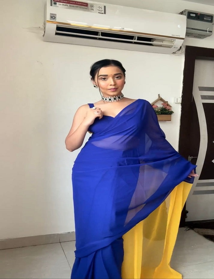 Blue and yellow georgette ready to wear alia bhatt bollywood saree