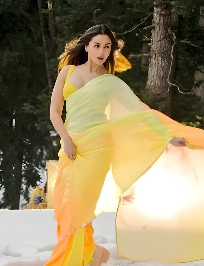 Alia Bhatt Style Yellow Saree with Blouse Colorful saree For Women and Girls Digital Printed Saree