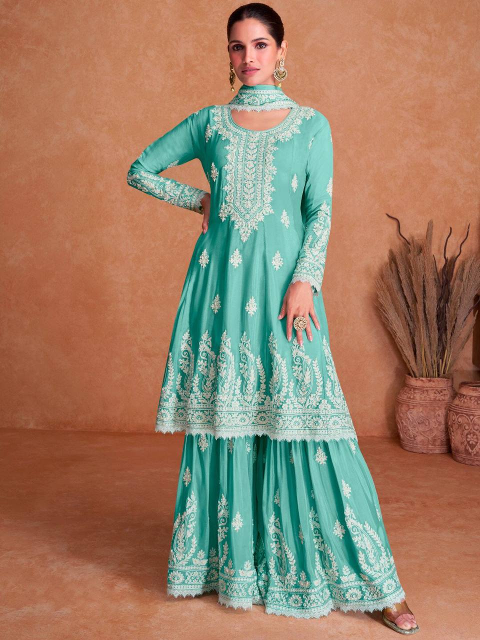 Light Sea Green Designer Georgette Embroidered Party Wear Sharara Suit