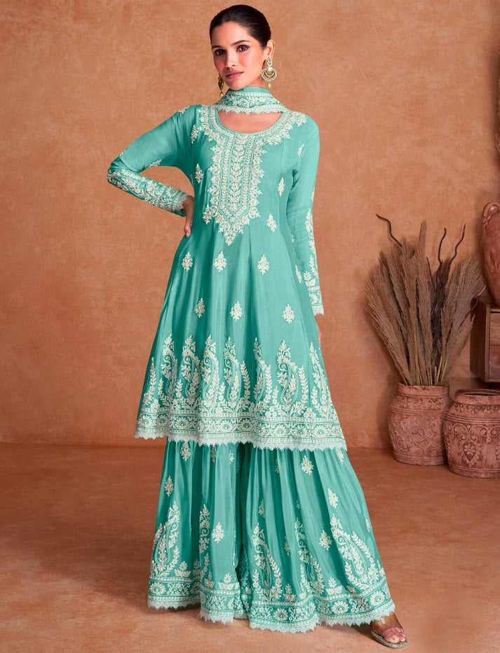 Light Sea Green Designer Georgette Embroidered Party Wear Sharara Suit