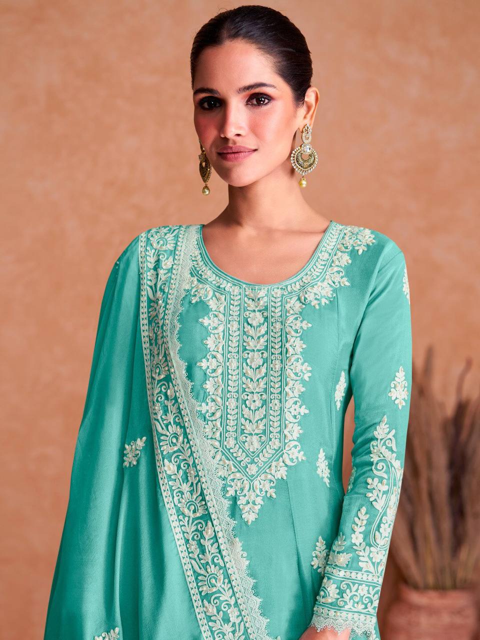 Light Sea Green Designer Georgette Embroidered Party Wear Sharara Suit