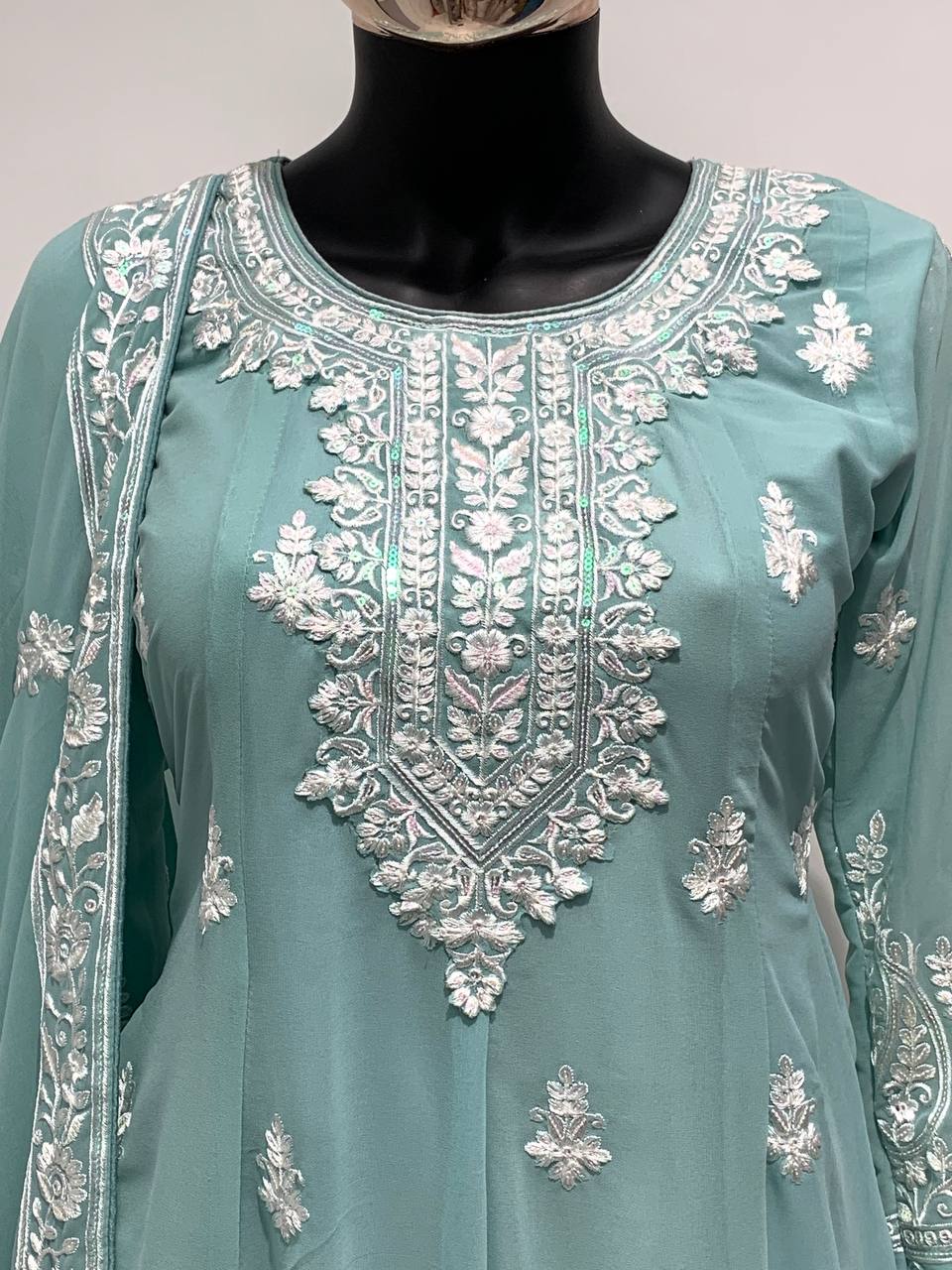 Light Sea Green Designer Georgette Embroidered Party Wear Sharara Suit