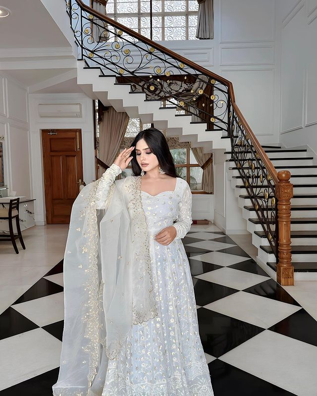 White Colour Faux Georgette With Sequence Work Party Wear Anarkali Gown With Silk Orgenza Dupatta
