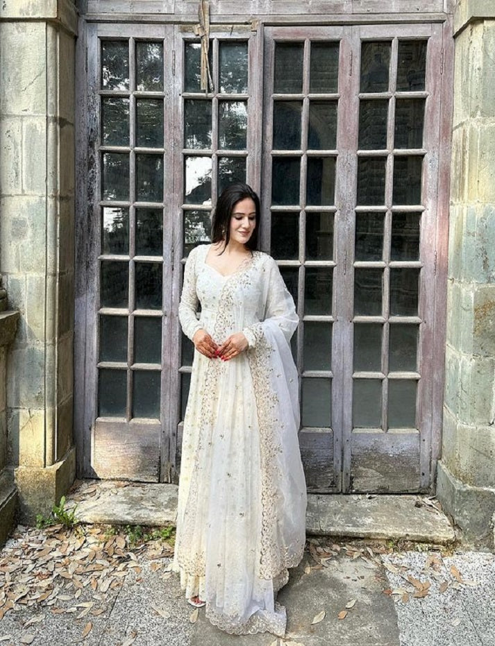 White Colour Faux Georgette With Sequence Work Party Wear Anarkali Gown With Silk Orgenza Dupatta