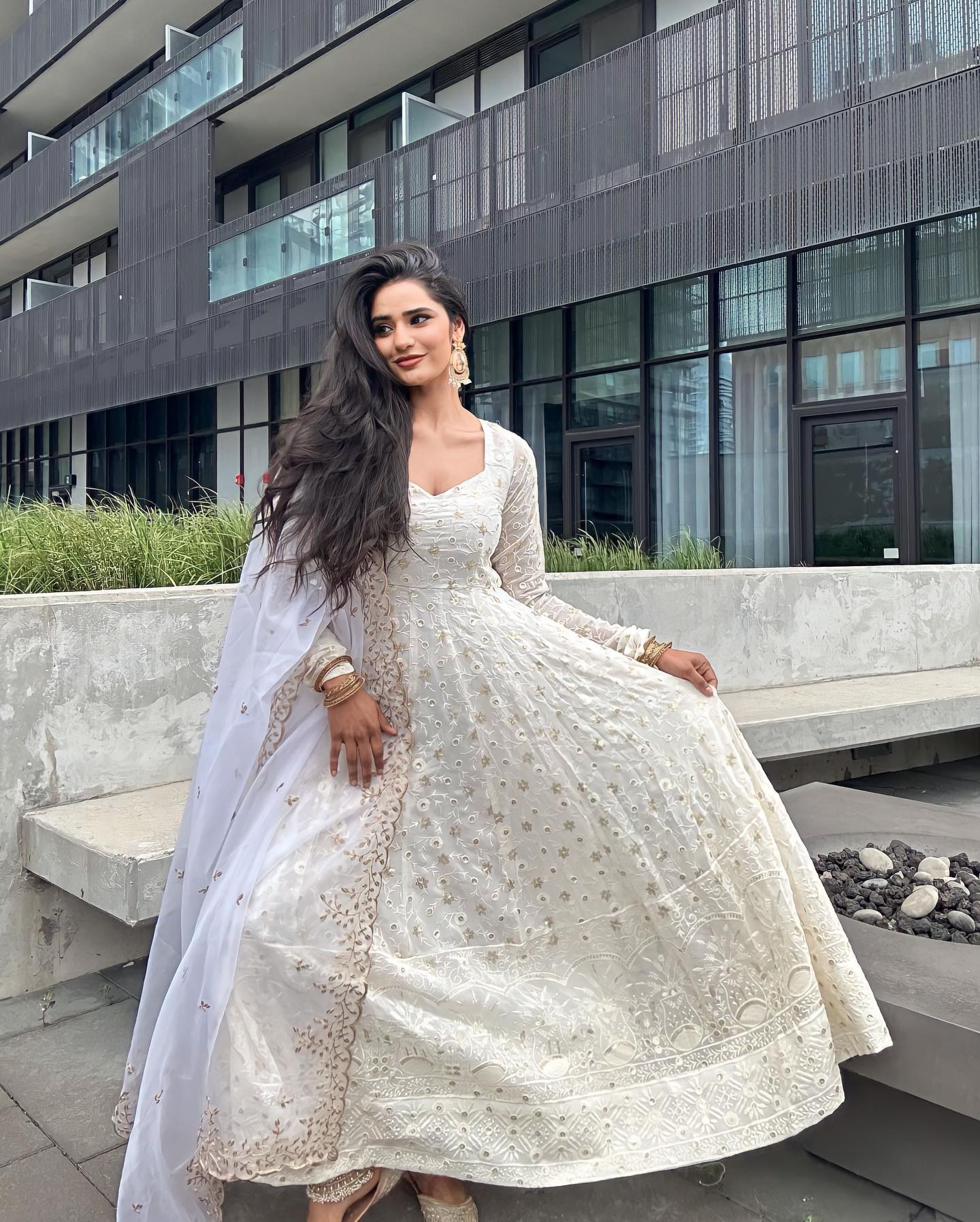 White Colour Faux Georgette With Sequence Work Party Wear Anarkali Gown With Silk Orgenza Dupatta