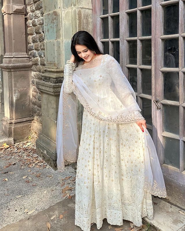 White Colour Faux Georgette With Sequence Work Party Wear Anarkali Gown With Silk Orgenza Dupatta
