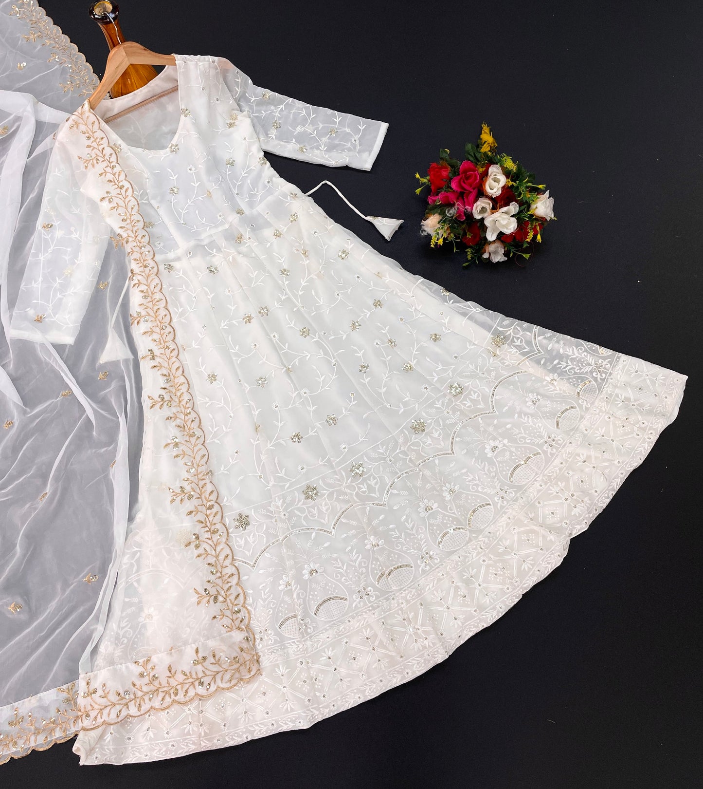 White Colour Faux Georgette With Sequence Work Party Wear Anarkali Gown With Silk Orgenza Dupatta