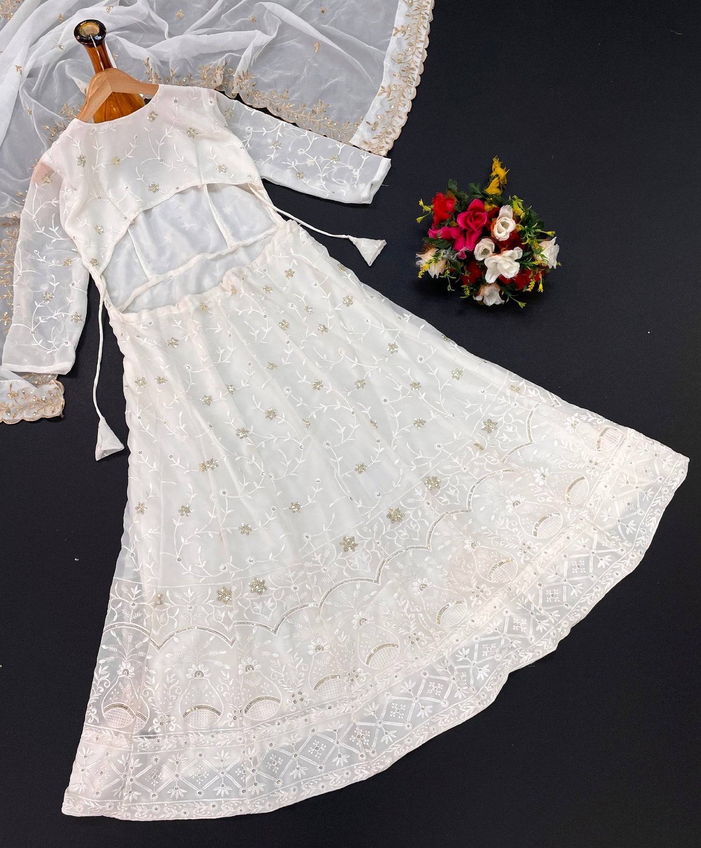 White Colour Faux Georgette With Sequence Work Party Wear Anarkali Gown With Silk Orgenza Dupatta
