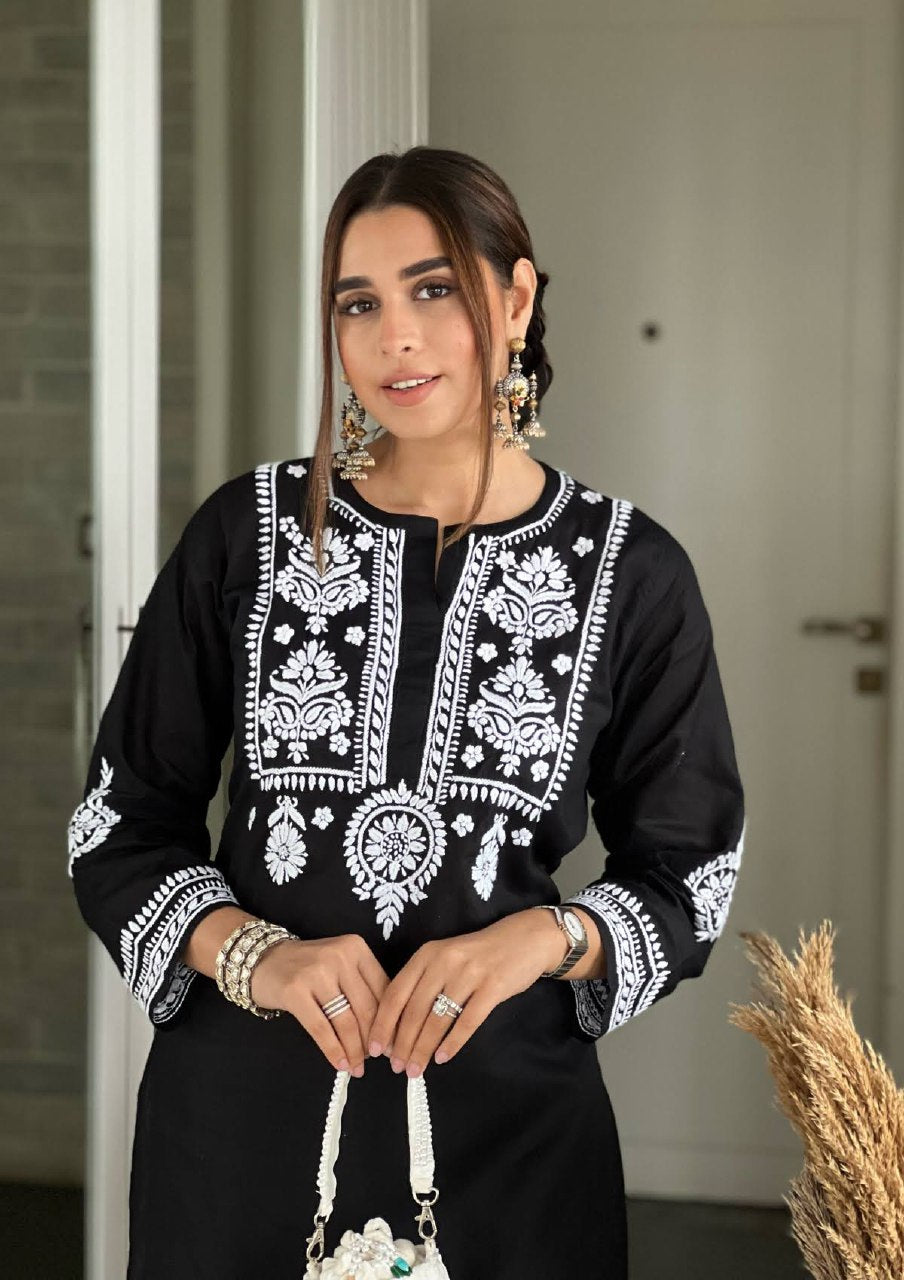 Women's Ready-to-Wear Chain Stitch Rayon Cotton Black Colour Kurta with Matching Pants