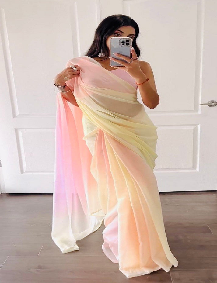 Bollywood Style Light Yellow Colour Faux Georgette Party Wear Saree