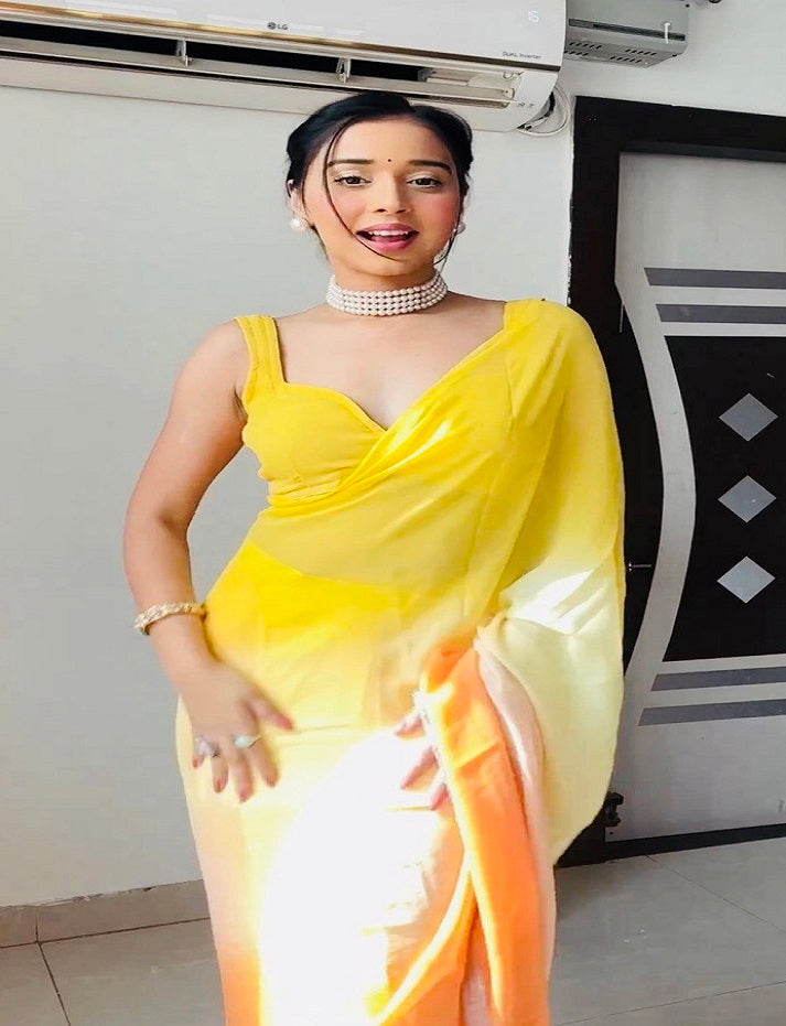 Yellow&Red Women's Colorblocked Celebrity Organza Rocky Aur Rani Ki Prem Kahani Alia Bhatt Saree with Unstitched Blouse Piece