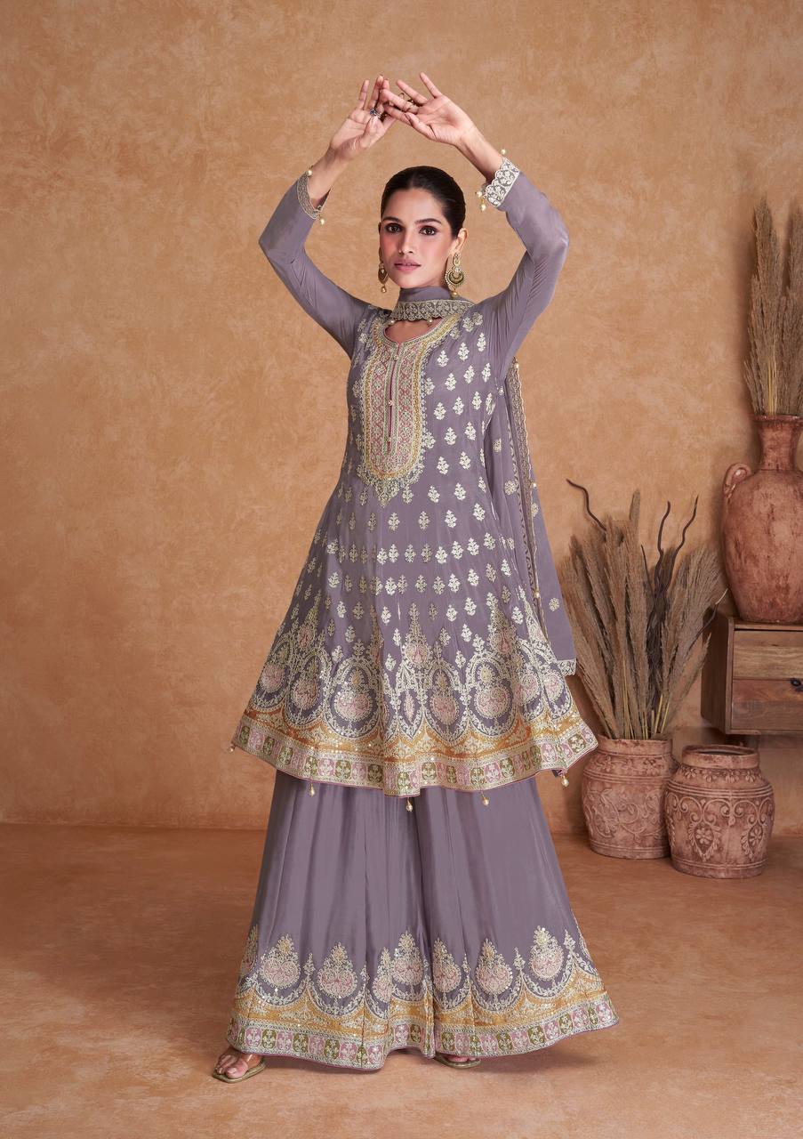 Lavender Colored Heavy Faux Georgette Sharara Suit With Designer Dupatta, Traditional Salwar Kameez For Women